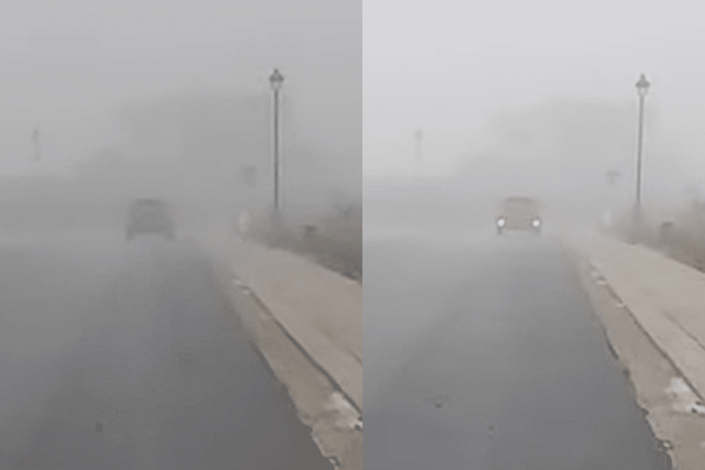 ▲심한 안개속에서 후방안개등을 켜지 않은 차(좌)와 켠 차(우)의 비교 (사진=Eddie M Cars)