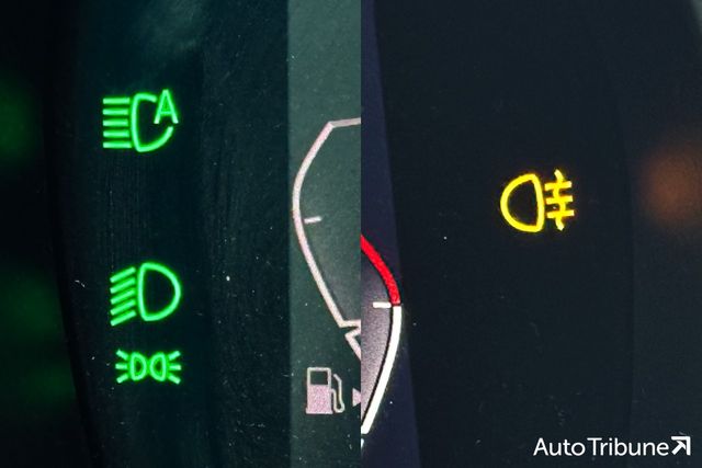 ▲계기판에서 푸른색 점등 표시는 전방램프(좌) / 노란색 표시는 후방안개등(우)을 나타낸다 (사진=오토트리뷴)