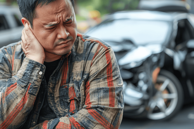 ▲뒷목 잡고 고통스러워하는 교통사고 피해자 (사진=오토트리뷴)