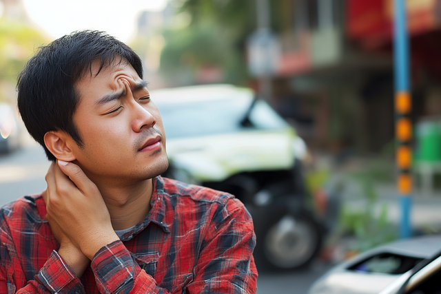 ▲뒷목 잡고 고통스러워하는 교통사고 피해자 (사진=오토트리뷴)