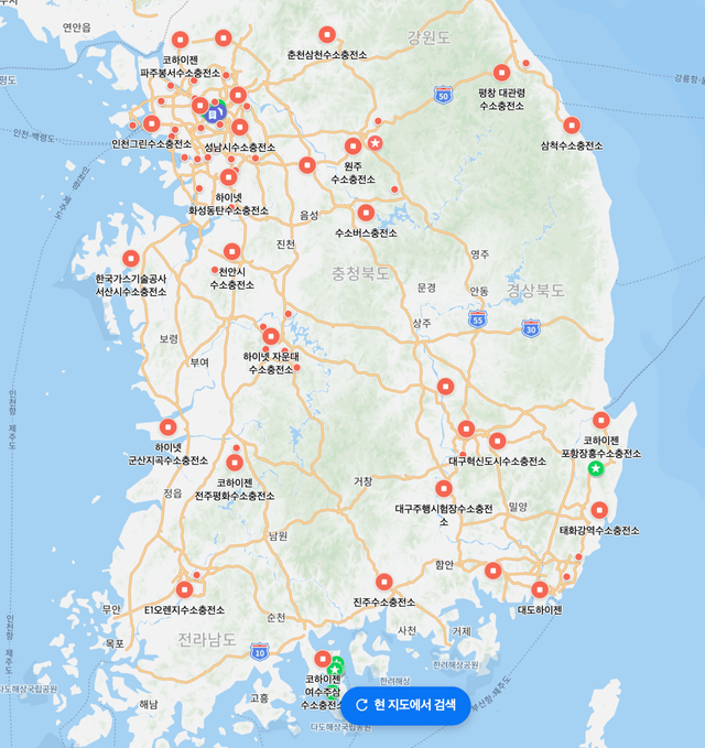 ▲전국 수소충전소 위치 (사진=네이버지도)