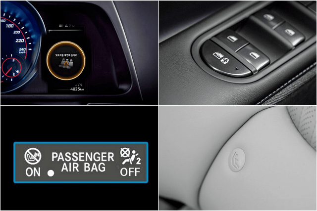 ▲우측 상단부터 시계방향으로, 차일드 락, ISOFiX, 동승석 에어백 경고등, 후석 승객 알림(사진=현대차, 메르세데스-벤츠)