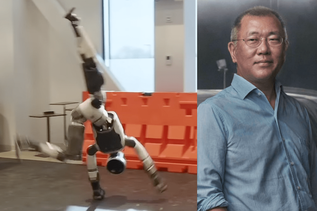 ▲옆돌기하는 아틀라스, 정의선 현대차그룹 회장 (사진=보스턴다이내믹스,현대차)