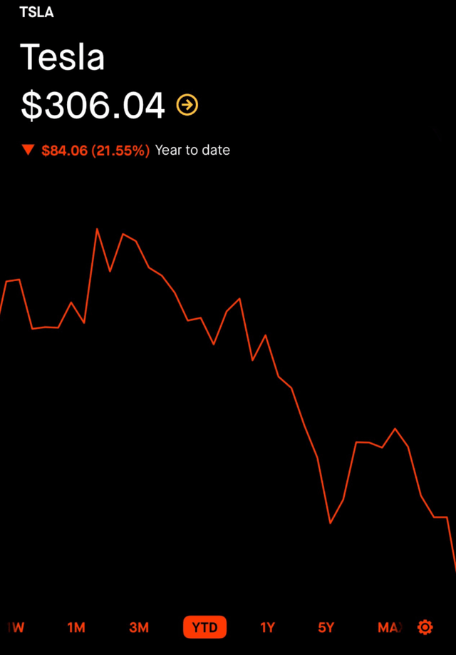 ▲참고사진, 주주가 X에 첨부한 테슬라 주가 그래프(사진=X)