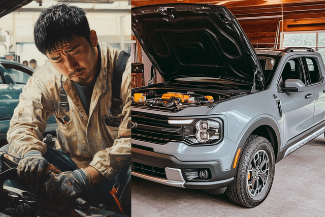 ▲좌절하는 정비공과 픽업트럭 (사진=오토트리뷴)