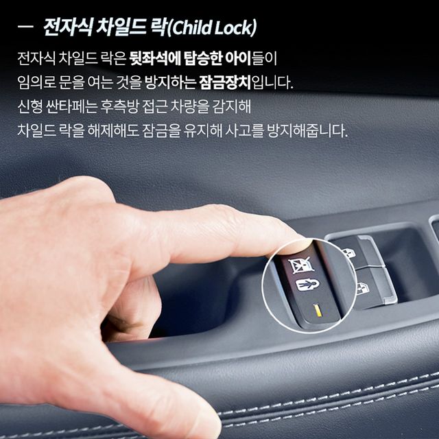 ▲4세대 싼타페 전자식 차일드 락 설명(사진=현대차)