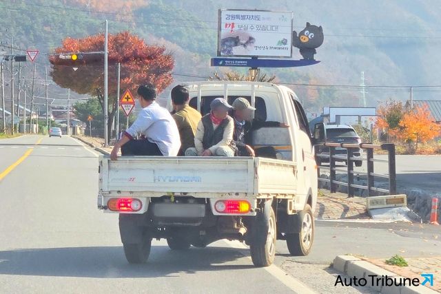 ▲참고사진, 현대 포터 적재함에 탑승하고 이동 중인 모습(사진=양봉수 기자)