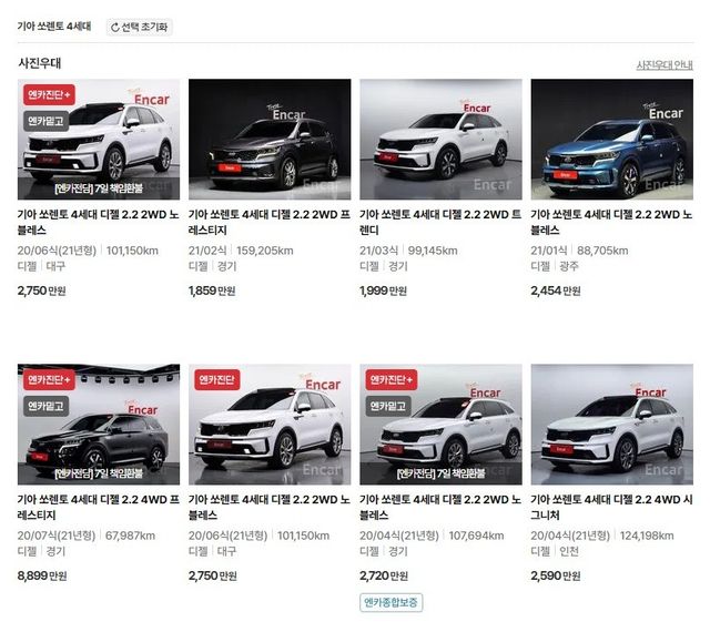 2천만 원대 차량이 다수 포진되어 있는 초기형 쏘렌토 시세/사진=엔카 닷컴