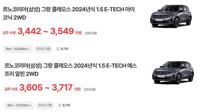 르노 그랑 콜레오스 하이브리드 1만 km 이하 중고차 시세 /사진=엔카닷컴