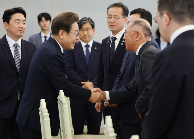 이재명 대통령이 13일 서울 용산 대통령실에서 열린 6경제단체·기업인 간담회에서 정의선 현대차 회장과 악수하고 있다. /사진=연합뉴스