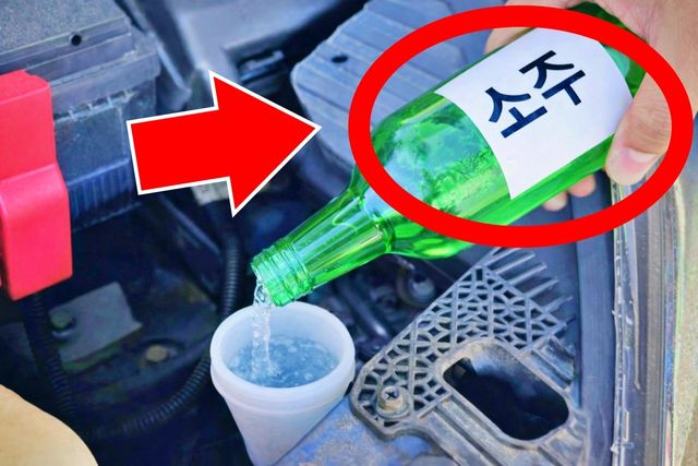 자동차 워셔액 탱크에 소주를 붓는 모습 /사진, 편집=김동민 기자