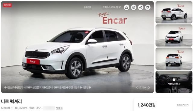 1,240만 원에 판매 중인 기아 1세대 전기형 니로 중고 매물 /사진=엔카닷컴