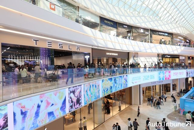 스타필드 하남 테슬라 전시장 앞에 테슬라 모델 Y L를 직접 보기 위해 길게 늘어선 대기줄 /사진=양봉수 기자