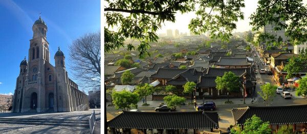 온라인 커뮤니티(왼-전동성당, 오-오목대에서 찍은 한옥마을)