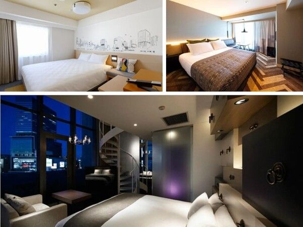 왼쪽 위 -&nbsp;시부야 도큐 레이 호텔, 오른쪽 위 -&nbsp;시부야 스트림 엑셀 호텔 도큐, 아래 - 시부야 그랑벨 호텔