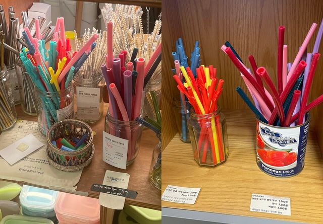 대형 제로웨이스트샵을 제외하곤 대부분 제로웨이스트샵의 제품군은 다양하지 않고 접근성이 좋지 않다는 단점이 있다. 사진은 서울 마포구 ‘알맹상점’과 송파구 ‘지미프로젝트’ 안 유사한 실리콘 빨대 제품들. /황지원