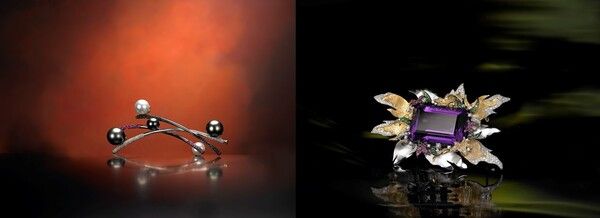 '영원, 다시 만날 수밖에 없는···'-우연과 필연의 반복 속에 영원의 가치는 고귀하다. 진주, 다이아몬드, 핑크 사파이어, 18K 골드(왼쪽). '화려한 탄생, 기억하는 모든 것은 사랑이 되다'-70캐럿의 한국산 자수정이 내뿜는 빛의 탄생. 기쁨의 탄생은 소용돌이친다. 자수정, 18K 골드 /캐럿투