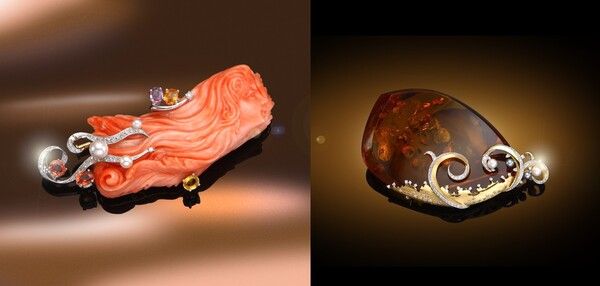 '당신의 향기, 결코 지울 수 없는 기억이 된다'-기억 너머 떠오르는 그날의 아련함. 산호, 핑크/옐로우/오렌지/사파이어, 다이아몬드, 진주, 18K 골드(왼쪽). '창가의 이슬, 싱그러움을 가득 머금은···'-영롱한 이슬빛에 비치는 햇살, 지친 영혼에 위로와 안식을 주소서. 호박, 진주, 다이아몬드, 18K 골드 /캐럿투