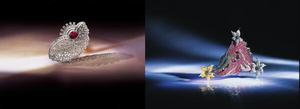 '기도'-사랑 앞에서 한없이 작아지지만 강한 여성의 섬세한 마음을 붉은 루비에 담아 기도하는 여인의 모습으로 형상화했다. 루비, 다이아몬드, 18K 골드(왼쪽). '여인의 향기'-어린 시절의 아련한 추억을 생각하며 자연의 아름다움을 표현한 작품. 산길을 따라 피어있는 이름 없는 꽃과 풀, 그리고 스치듯 지나가는 바람에도 분명히 존재 이유가 있었다. 다이아몬드, 블랙 다이아몬드, 핑크 사파이어, 루비, 18K 골드 /캐럿투