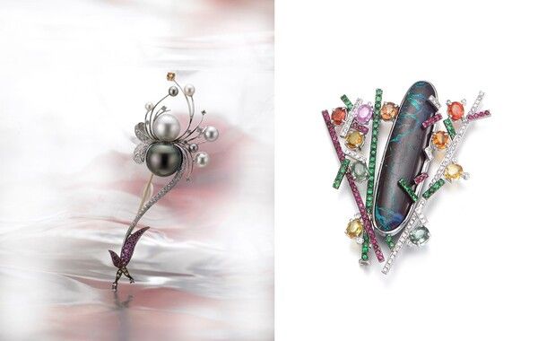 '희망'-만발한 꽃 사이를 나는 나비를 바라보며 희망한다. 나비처럼 화려한··· 아름다운 삶을··· 진주, 다이아몬드, 피코크 펄, 핑크 사파이어, 18K 골드(왼쪽). '매혹, 황홀함, 그것은 사랑이다'-다가설수록 멀어져 가는 매혹적인 황홀감. 그것은 잡을 수 없는 사랑이다. 볼더 오팔, 핑크/엘로우/오렌지/그린 사파이어, 다이아몬드, 차보라이트, 18K 골드 /캐럿투
