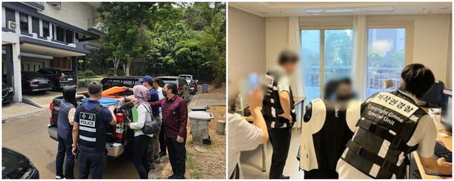 (왼쪽) 한국-인도네시아 불법IPTV 운영자 검거를 위한 국제공조 현지 압수수색 현장과 (오른쪽)&nbsp;‘아지툰’ 운영자 검거를 위한 압수수색 현장&nbsp;/한국저작권보호원