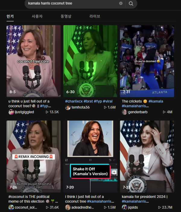 해리스 후보의 코코넛 나무 연설을 활용한 2차 창작물들. 높은 조회수를 올렸다. /틱톡 사이트 캡쳐
