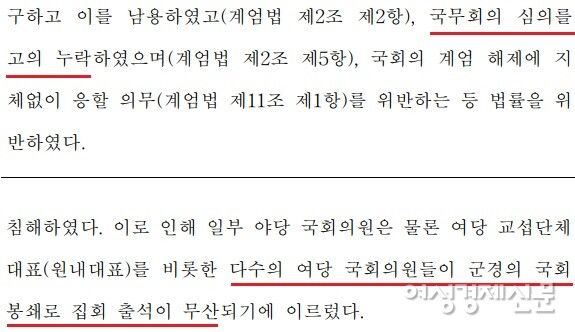 윤석열 대통령 탄핵소추안 중 국무회의 심의 누락, 다수 여당 의원 출석 무산에 관한 부분 /여성경제신문 DB