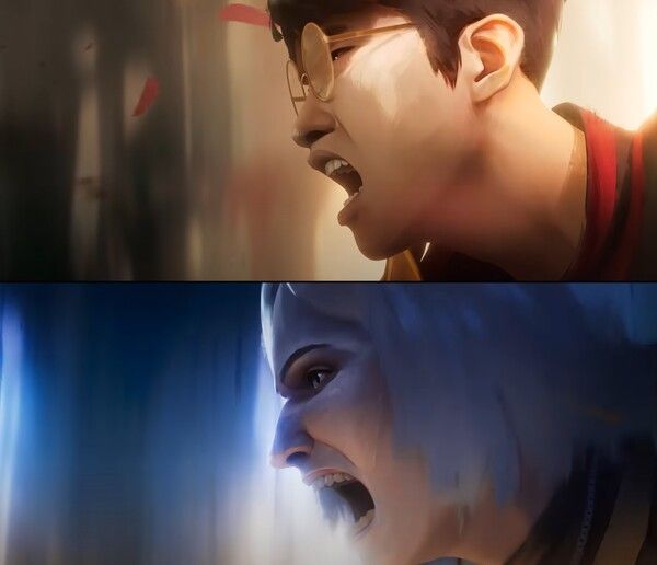 뮤직비디오 속 '페이커'(상단)이 포효하는 모습이 '린킨 파크'보컬의 얼굴로 서서히 바뀐다. /라이엇 게임즈 영상 캡처