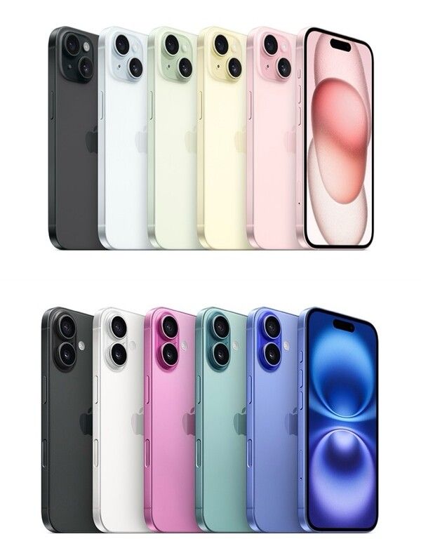 전체적으로 연한 파스텔 톤 색감의 아이폰 15(상단)과 쨍하고 뚜렷한 색감의 아이폰 16의 비교 사진이다. /애플 스토어 공식 홈페이지 캡처