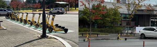 그림1(왼쪽)은 지난해 10월 평일 오전 7시경 강원도 강릉시 강릉원주대 교내 기숙사 앞 전경이다. 그림2는 같은 날 오전 10시 모습이다. 기숙사에서 나온 학생들이 너도나도 킥보드를 타고 강의실로 이동하는 바람에 남은 킥보드가 2대뿐이다. /이현호