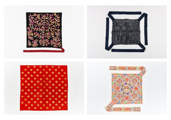 (왼쪽 위부터) 자수를 놓아 만든 보자기, 마직물로 만든 조각보, (하단) 금박을 찍어 만든 금박보, 조선 왕실에서 사용했을 것으로 추정되는 인문 봉황무늬 보자기 /서울공예박물관