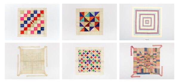 (왼쪽 위부터) 사각형, 삼각형, 동심원형, (하단) 바람개비형, 여의주형, 자유형 보자기 /서울공예박물관 및 국립민속박물관