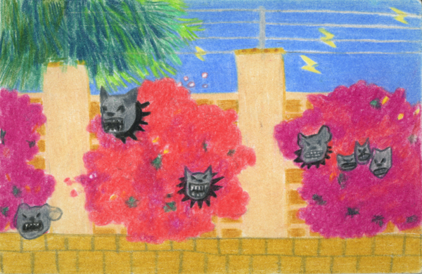 주택가 높은 담장 위에 고압 전류선이 쳐져 있고 큰 꽃나무들로 철창을 가려 놓았다. 그런 집들을 개들이 지키고 있다. / 일러스트 윤마디&nbsp;&nbsp;madimadi-e@naver.com