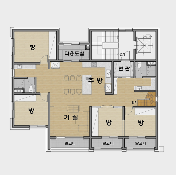 필자가 설계한 상가주택 3층의 단독주택 평면도, 아파트 평면을 바탕으로 삼았지만 안방을 없애고 방을 거실 영역과 분리해서 프라이버시가 유지될 수 있도록 설계했다. /김정관