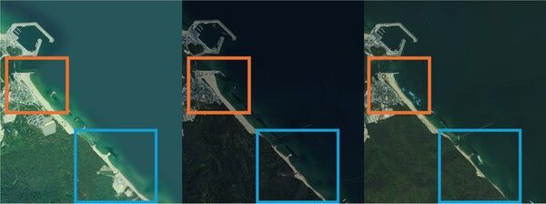 그림1. 왼쪽부터 2013년, 2021년, 2023년 강릉 남항진 해안 항공사진. /국토지리정보원