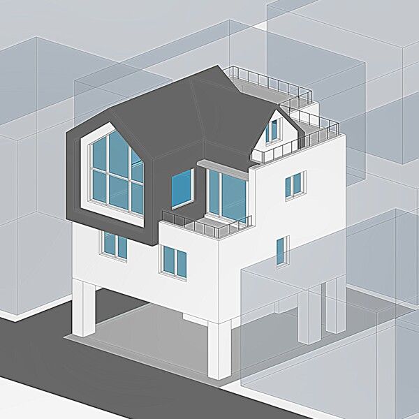 필자 설계 도심 단독주택 수정 계획안 - 3층 거실 층에 작은 마당을 두었다. 이 마당이 있어서 거실과 주방이 외부공간으로 열리니 가족들의&nbsp;일상생활이&nbsp;달라질 수 있다. 단독주택에 마당이 없으면 아파트나 다를 게 없지 않을까? /김정관