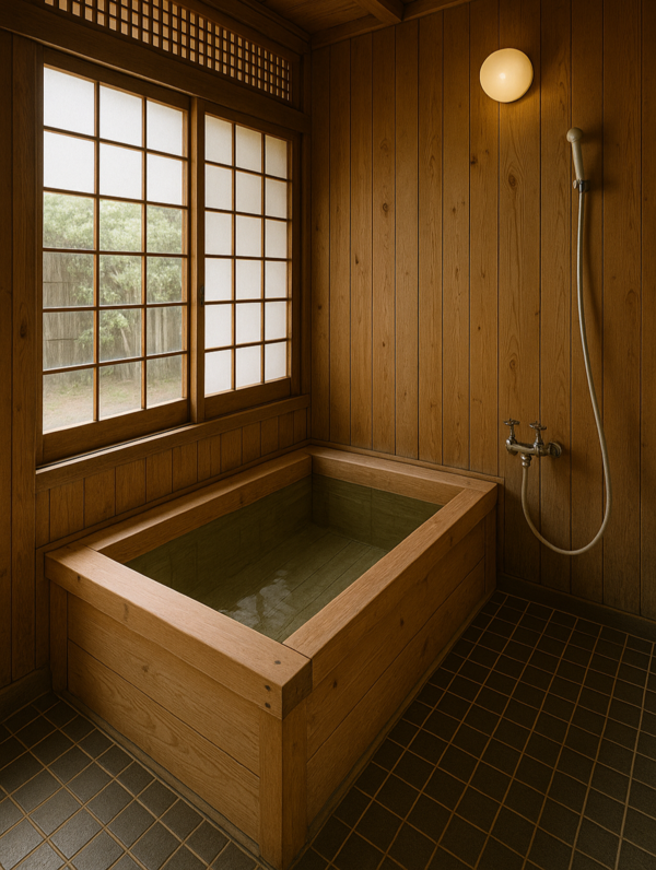 일본 주택의 욕실, 삼나무로 만든 욕조를 많이 쓴다. 잠자리에 들기 전에 꼭 목욕을 하는데 욕조에 담은 물을 갈지 않고 식구들이 돌아가면서 쓴다고 한다. /김정관