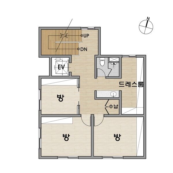 이층의 침실, 안방의 욕실을 없애고 식구들이 함께 쓸 수 있는&nbsp;우리집만의&nbsp;욕실 공간을 만들었다. 가족들이 공유하는 드레스룸에서 서로 옷을 골라주는 모습은 상상만으로도 미소가 지어진다. /김정관