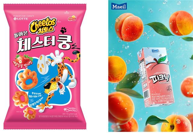 롯데웰푸드가 30여 년 만에 재출시한 ‘치토스 돌아온 체스터쿵’(왼쪽), 매일유업이 2016년 단종했던 제품을 재출시한 피크닉 천도복숭아맛 /각 사