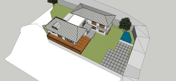 단독주택 심한재 조감도, 사랑채는 거실채로 대체되었고 안채는 침실채로 구분되어 한옥의 채 나눔을 채용해서 설계하였다. 내부 공간과 외부 공간도 각 영역으로 나뉘어 관계 맺기를 하고 있다. /김정관