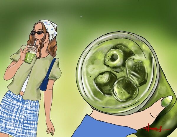 클린걸의 말차라떼라는 키워드가 SNS의 인기를 끌고 있다. /그림=홍미옥, 아이패드로 그림