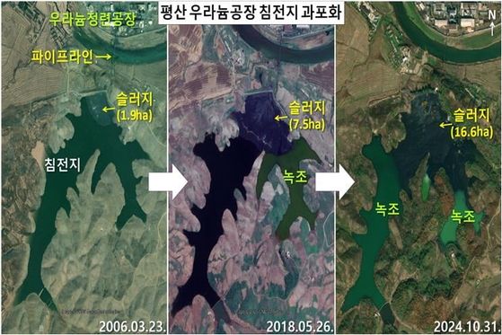 지난해 10월 위성사진에서 북한 평산 우라늄공장 침전지에 폐기물이 쌓이면서 슬러지(고체 쓰레기)가 늘어나는 모습이 포착됐다. /구글어스 및 월드뷰-3, 우주안보연구소 정성학 전문위원