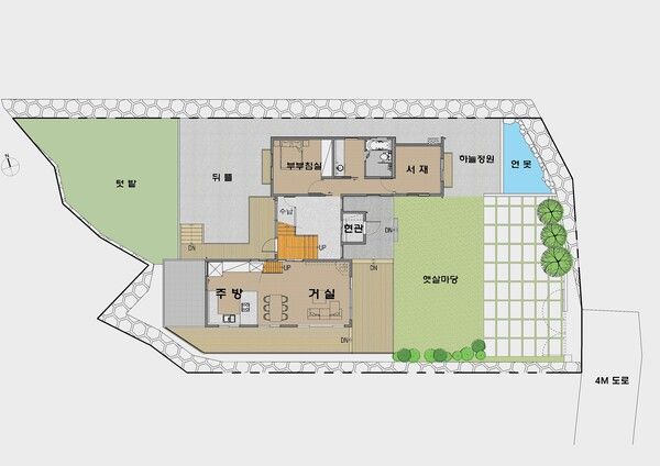 심한재 배치 및 평면도, 일 층에 있는 내부 공간은 각각 전용 외부 공간과 관계 맺기를 하고 있다. 개별 내부 공간에서 일어나는 일상생활의 에피소드는 무한할 것이다. /김정관