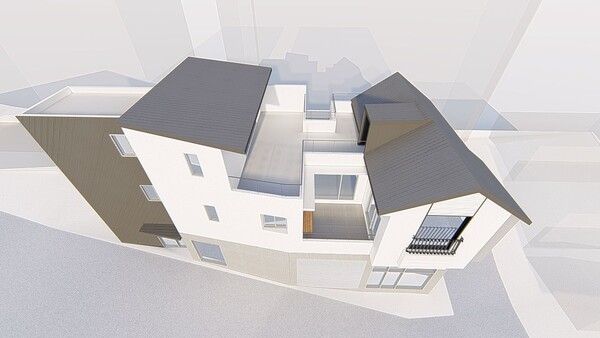 설계를 조감도로 보면 정 서향 대지에 남향집이 된 모습을 이해할 수 있을 것이다. 침실채는 마당을 끼고 남향 햇살을 받고 거실채는 대지의 끝단에 있어 남향집이 되었다. /김정관