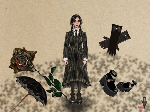 드라마 웬즈데이의 블랙패션이 인기를 끌고 있다. /그림=홍미옥, 아이패드로 그림