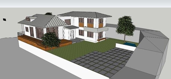 필자 설계 경남 양산 소재 단독주택 심한재 투시도, 거실채와 침실채가 채 나눔 되어 손님이 찾아오고, 1층은 방마다 툇마루로 마당에 드나들 수 있는 이 시대의 한옥으로 지었다. /김정관