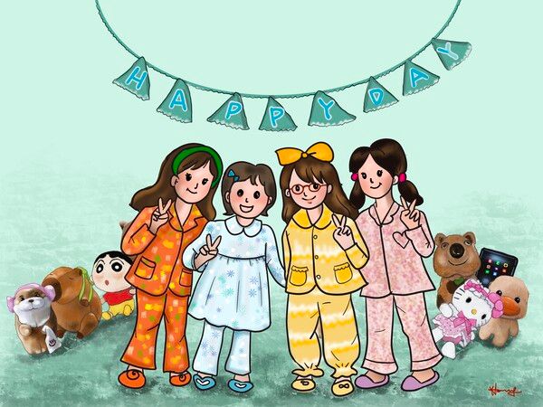 요즘 아이들에게 인기 만점인 파자마 파티 /그림=홍미옥, 아이패드로 그림
