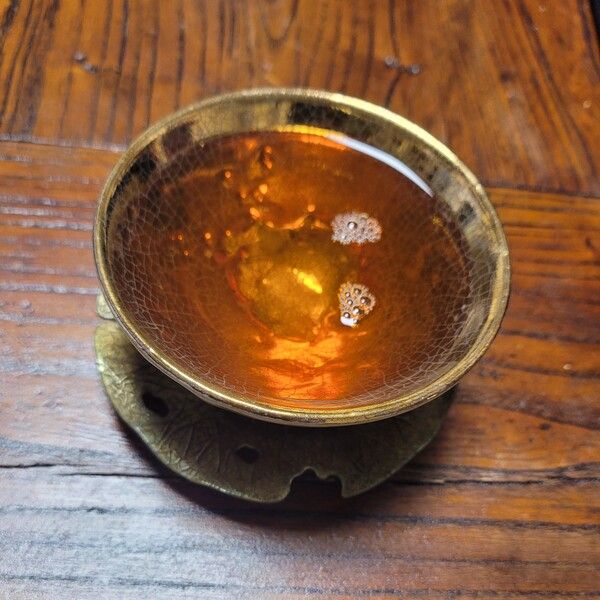 보이차를 마시는 재미는 세월이 빚어내는 탕색과 향미의 변화를 즐기는데 있다고 하겠다. 아홉 해가 지난 차의 변화는 황금색과 어우러지는 탕색으로 존재감을 보여준다. /김정관