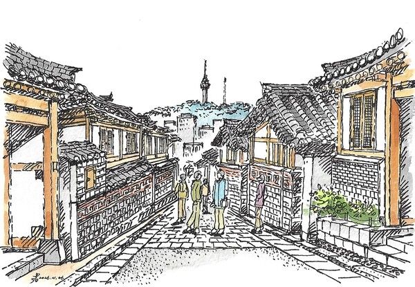 북촌의 한옥마을/ 그림=손웅익