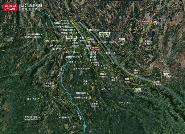 보이차 차산 지도, 보이 차구이며 애뢰산맥이 지도의 중앙 오른쪽에 있다. /사진 출처=오운산